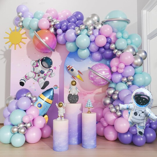161pcs Space Balloons Arch Kit Outer Space Party Decorations with Space Astronaut Rocket Pink and Purple Balloons Space Themed Birthday Party Baby Shower Decorations